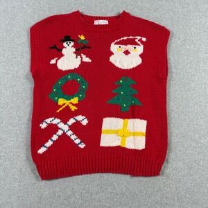 Windcrest Vintage Christmas Sweater Vest Red Hand Knit Santa Snowman Tree Women